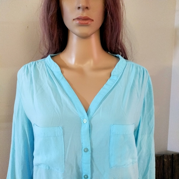 Atmosphere Light Blue V Neck Long Sleeves Light Button Down Top - Picture 2 of 12
